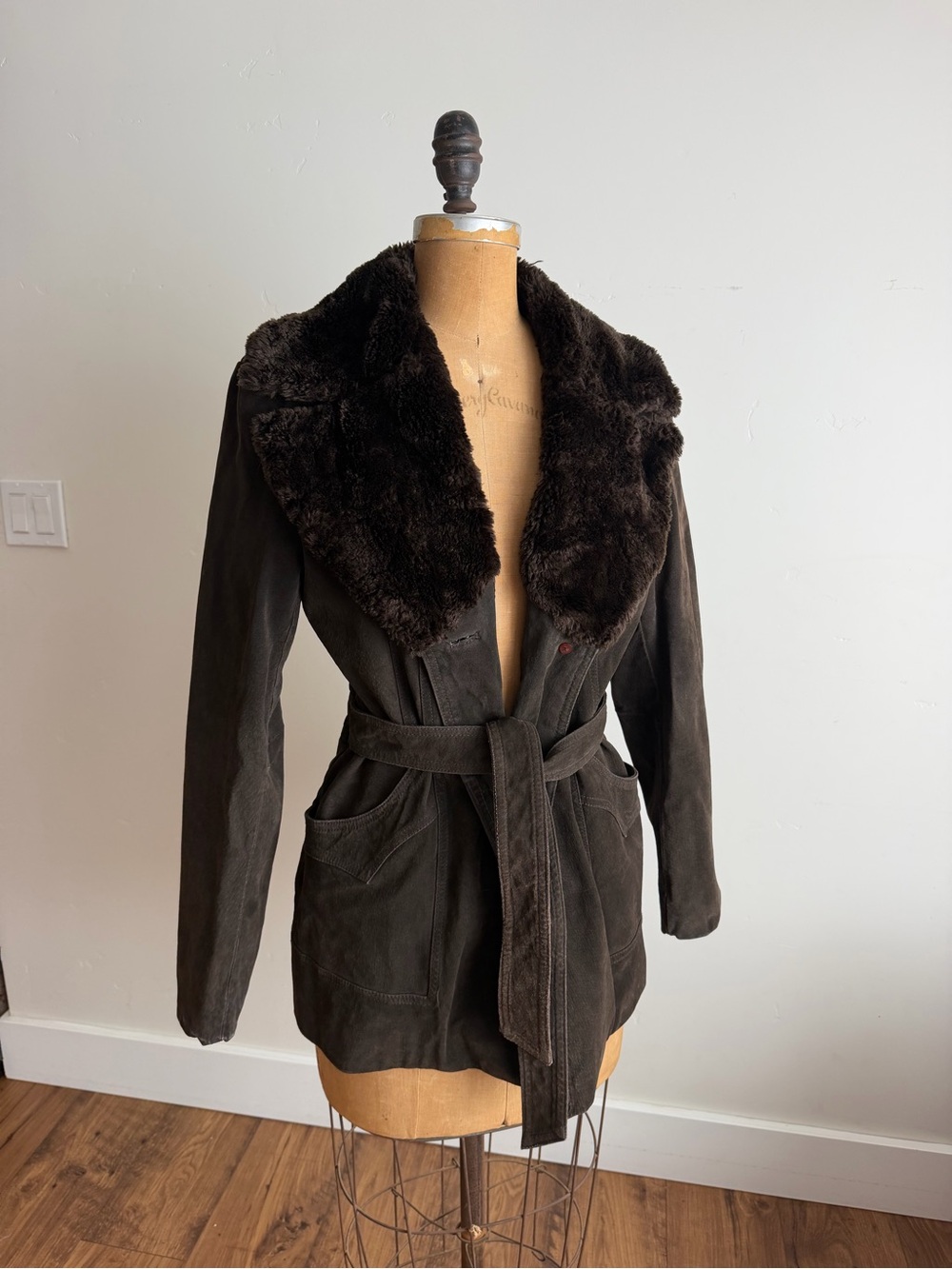 Women's Dark Brown Faux Fur Collar Belted Jacket